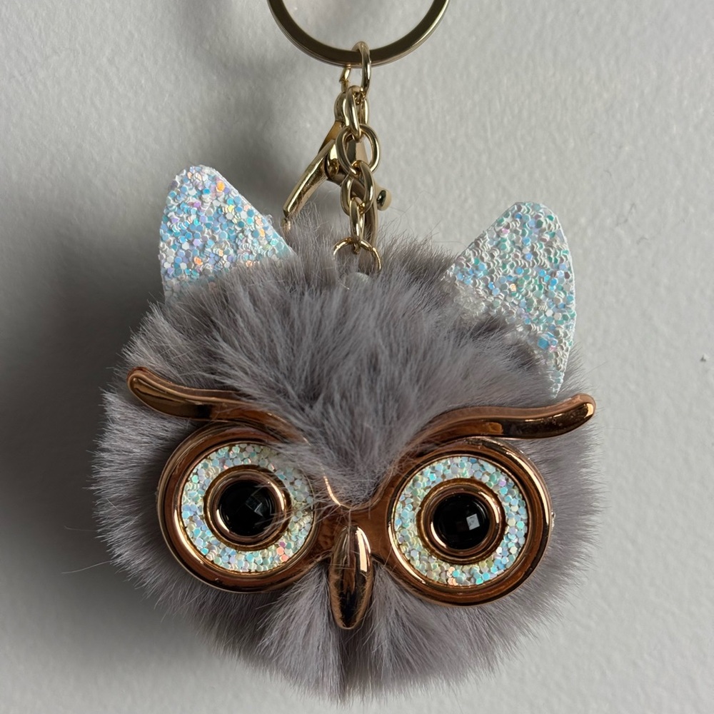 Gray Owl Keychain with Gold Accents. Cute to add to bags or keys
